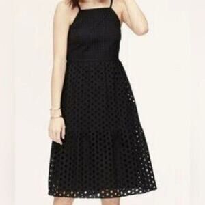 Loft Black Eyelet Midi Dress 2 Petite Cotton Tiered Adjustable Straps Summer